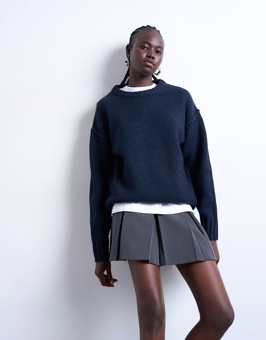Topshop knitted clean exposed seam jumper in navy | ASOS (Global)
