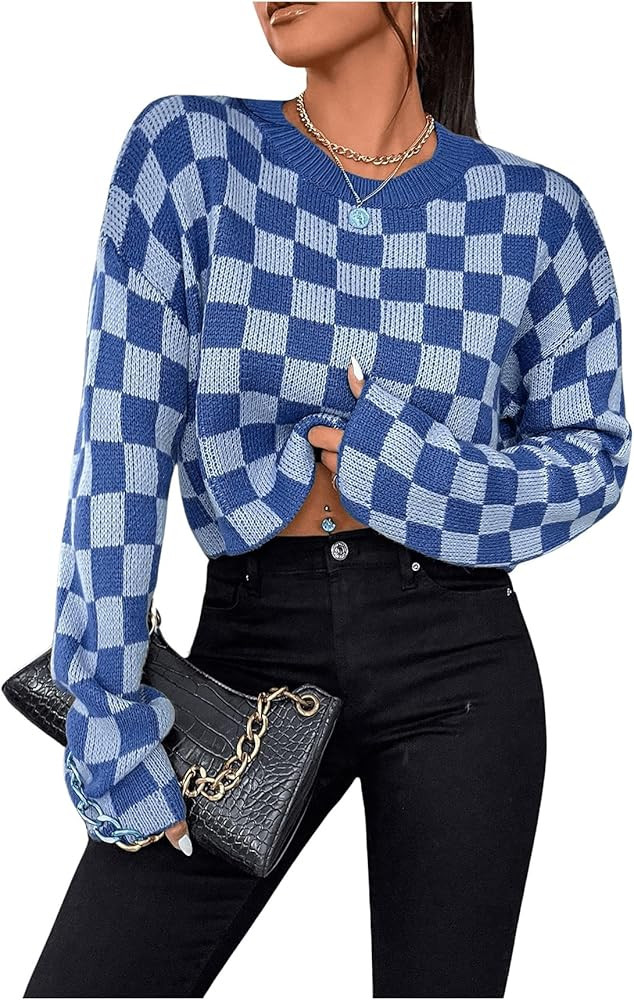 SOLY HUX Women's Checkered Sweater Long Sleeve Ribbed Knit Drop Shoulder Pullover Crop Tops | Amazon (US)
