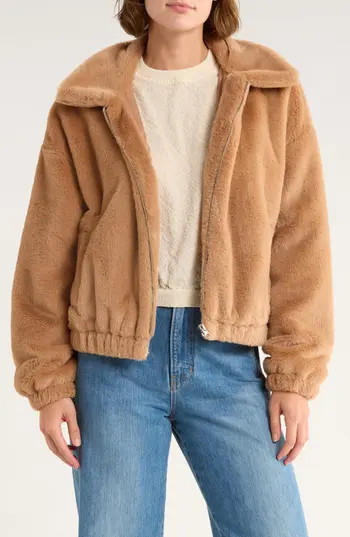 Thread & Supply Faux Fur Zip Bomber Jacket in Brown at Nordstrom Rack, Size Large | Nordstrom Rack