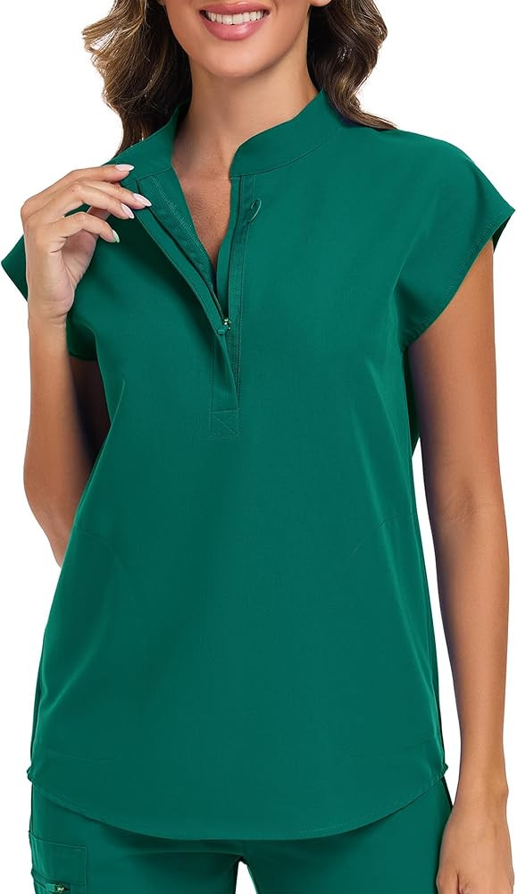 Women's Scrub Top 4 Way Stretch Shirts Zipper Up Work Blouse Short Sleeves Top with Two Pockets | Amazon (US)