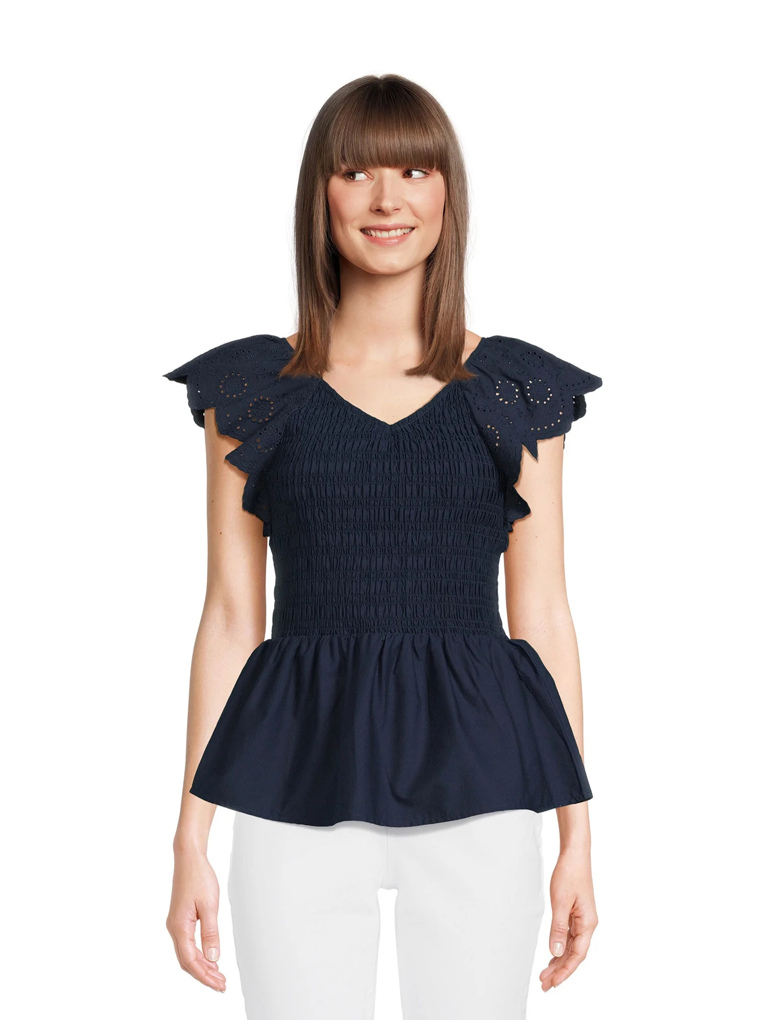 Time and Tru Women's Smocked Bodice V-Neck Eyelet Top, XS-3XL | Walmart (US)