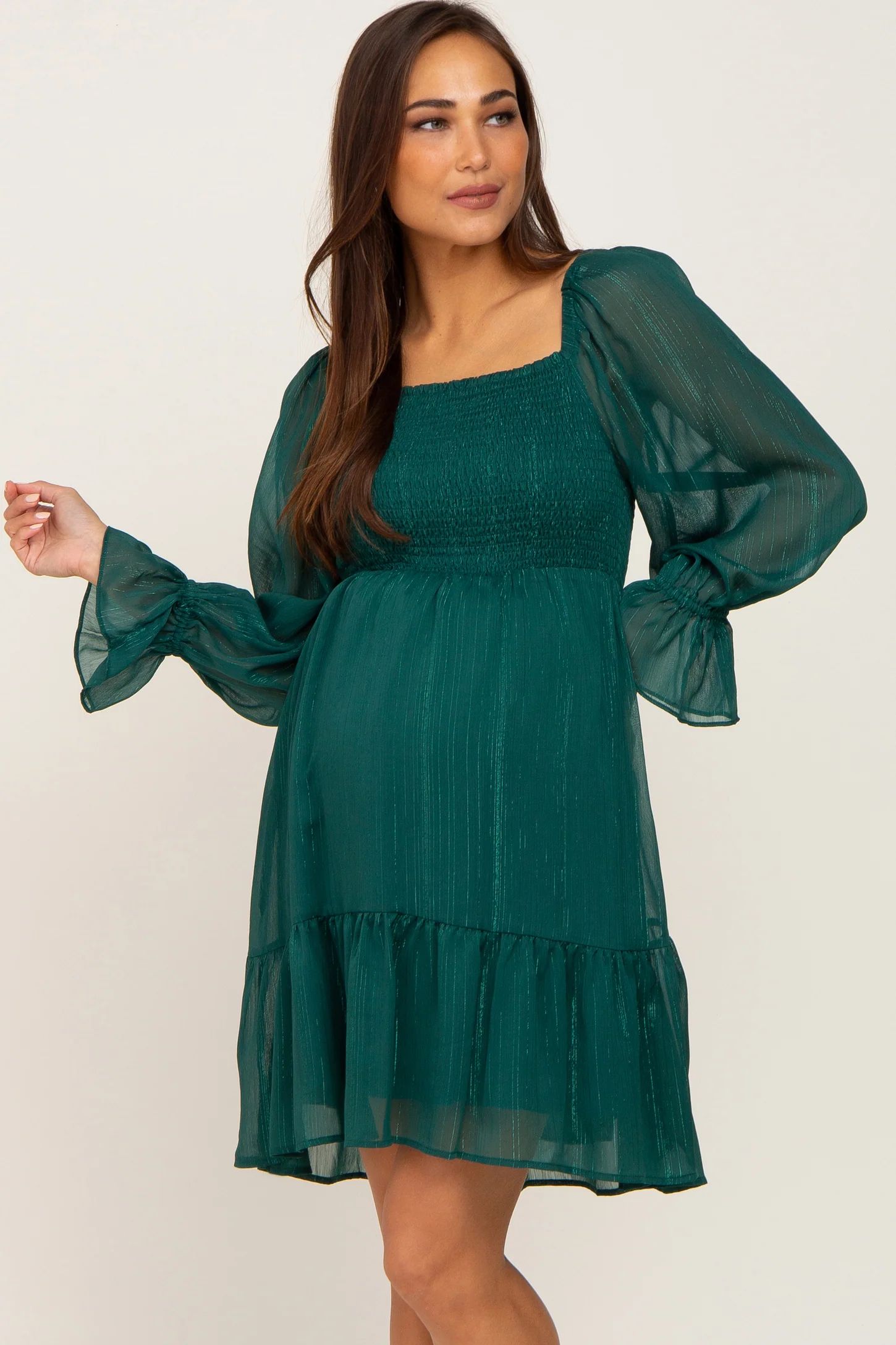 Forest Green Metallic Stripe Smocked Maternity Dress | PinkBlush Maternity