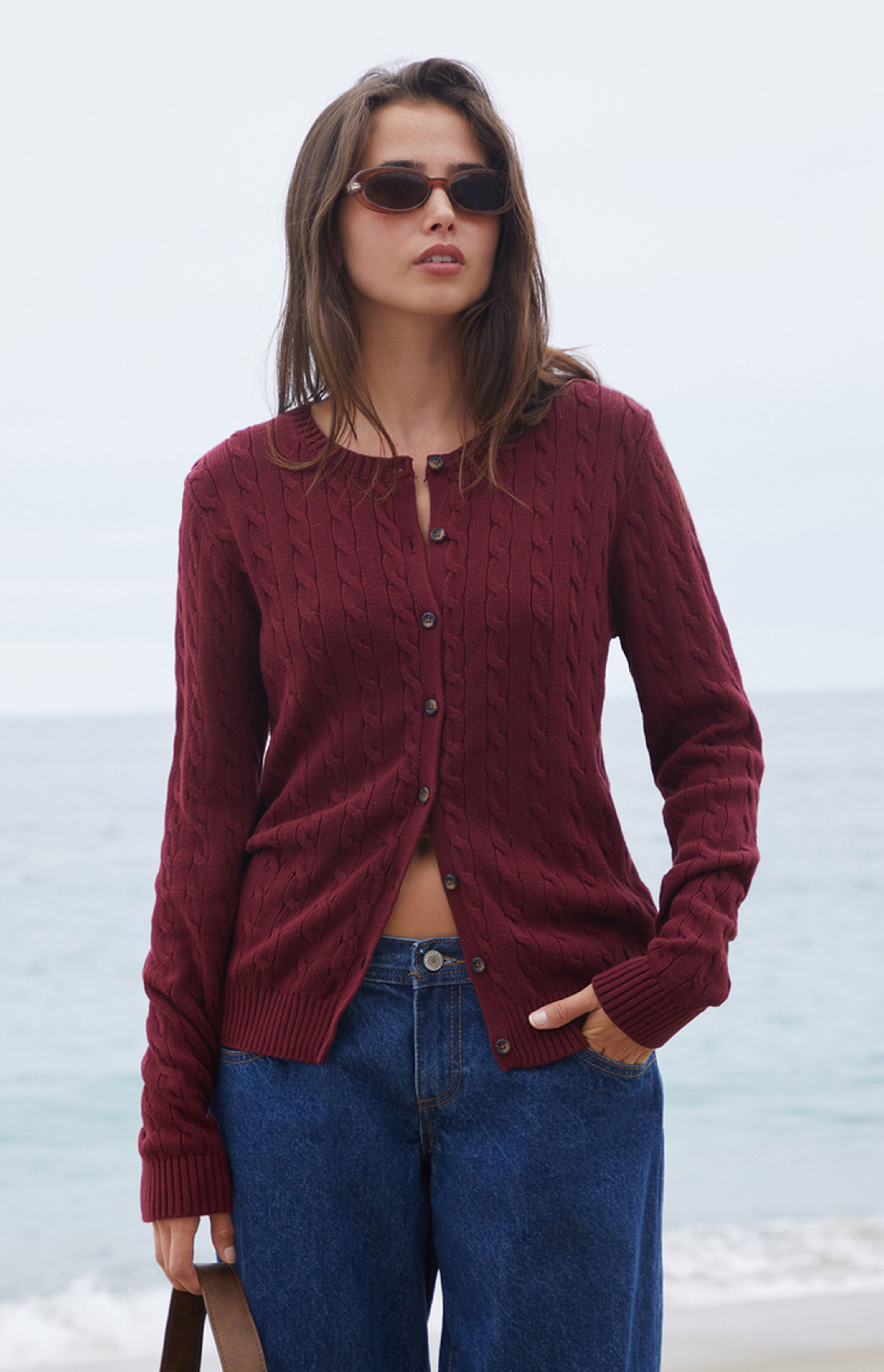 John Galt Burgundy Amalie Cable Knit Cardigan | PacSun