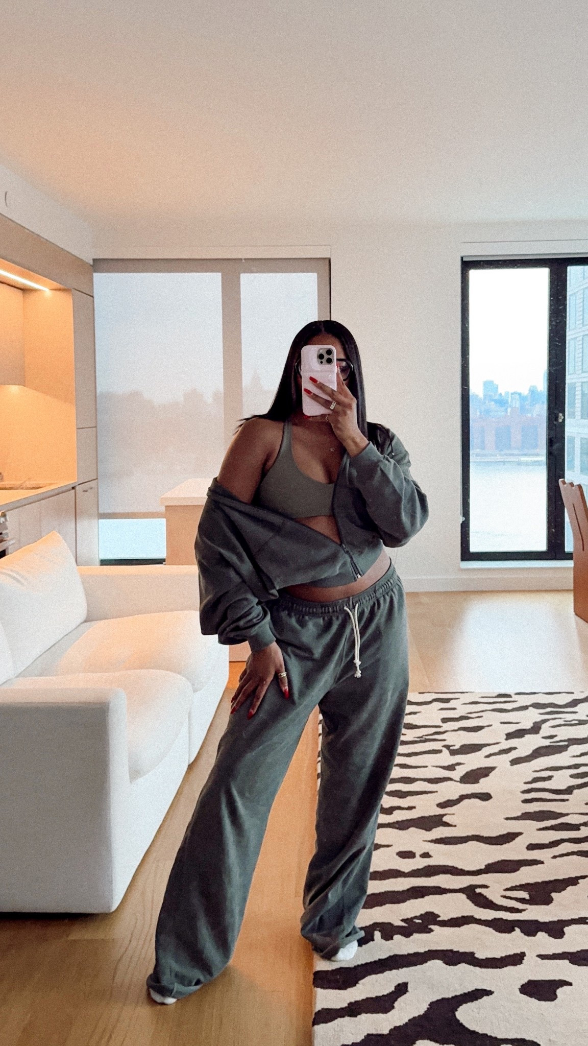 love my cozy oner active raw lounge joggers and zip up hoodie in the color dark khaki. 

joggers size medium, long 
zip-up size large for oversized fit. 
bra is soft motion bra in alpine green, size small 


#LTKHome #LTKActive #LTKStyleTip