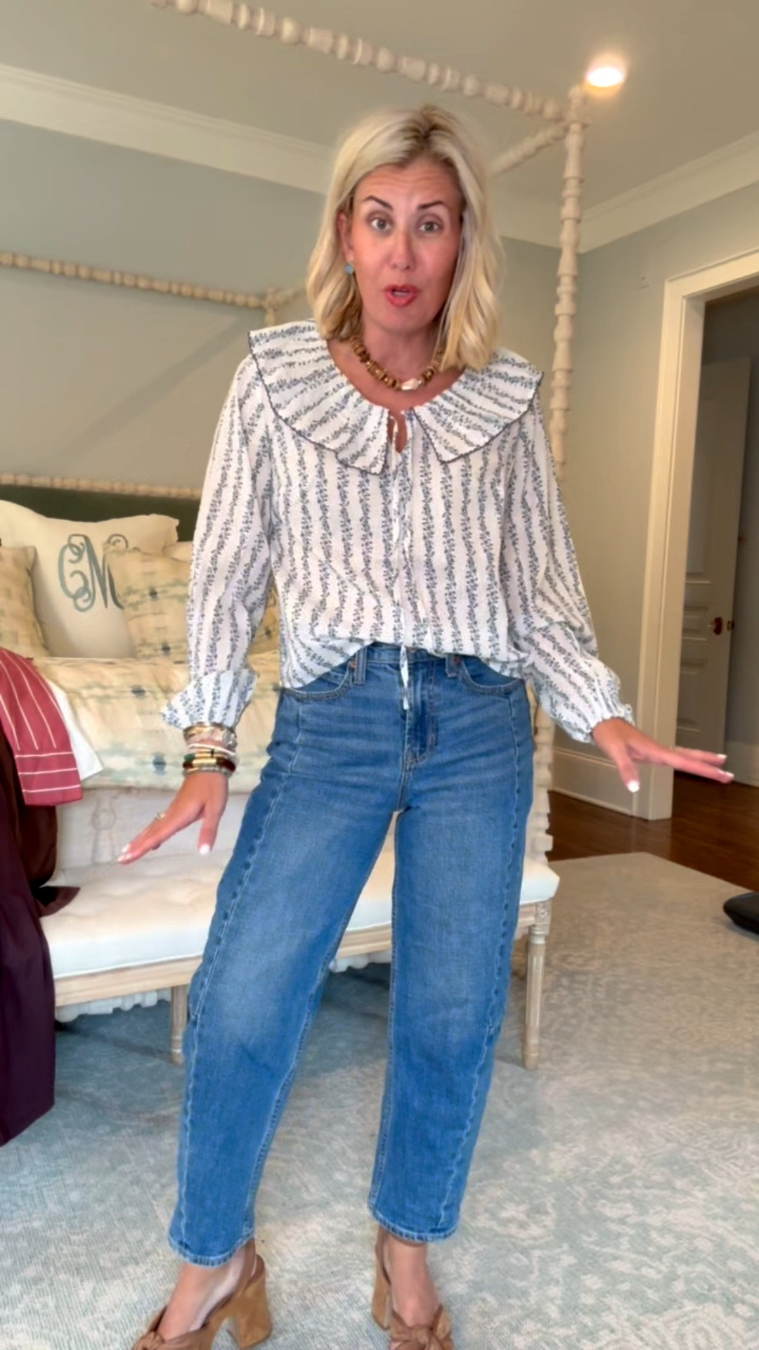 This top is totally giving Hill House vibes! 
Top - xs
Jeans - 2
Heels -  8 tts 

*code mixandmatch for 25% off Erin McDermott

#LTKdayinmylife #LTKPetite #LTKOver40