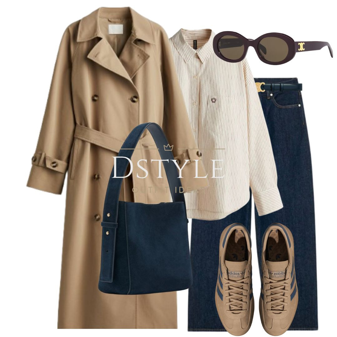  Dark beige trench coat, light beige/pinstriped oversized cotton shirt, dark blue loose jeans, dark navy suede bag, matching Adidas Spezial sneakers, trainers, CELINE belt and sunglasses

#LTKStyleTip #LTKWorkwear #LTKItBag