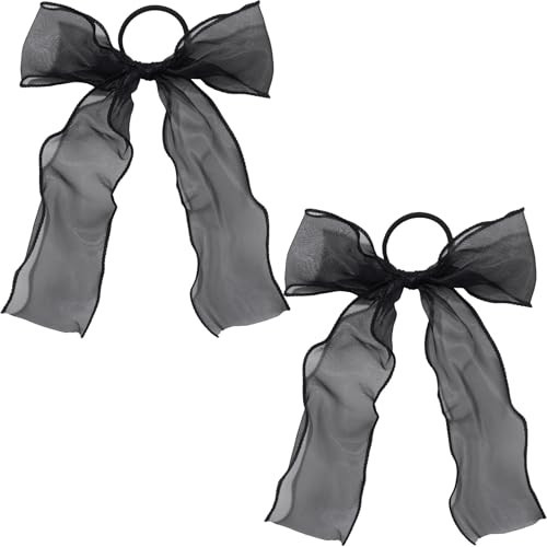 STSTR 2Pcs Large Bow Hair Ties, Black Organza Ribbon Bow Hair Scrunchies for Women, Elegant Long Tail Bowknot Ponytail Holder French Hair Accessories for Wedding, Parties, Festivals | Amazon (US)