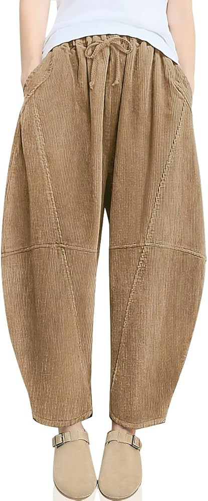 TARSE Womens Corduroy Harem Pants Casual Elastic Waist Wide Leg Pants Loose Fit Baggy Trousers wi... | Amazon (US)