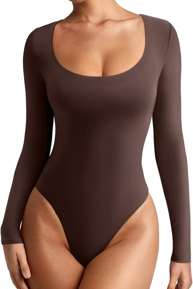 REORIA Women's Sexy Basic Scoop Neck Long Sleeve Double Lined Layering Slim Bodysuit Tops | Amazon (US)