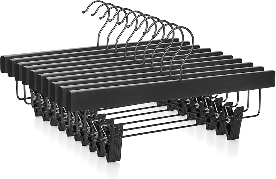 TOPIA HANGER Wooden Pants Hangers 10 Pack, Black Skirt Hangers with Clips and Rotatable Hook, Dur... | Amazon (US)