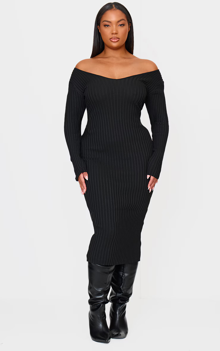 Plus Black Off Shoulder Rib Knitted Midaxi Dress | PrettyLittleThing US