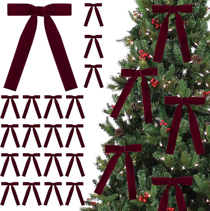 SIMISI RIBBON 24 Pcs Burgundy Velvet Bows Christmas Tree Ornaments Vintage Ribbon Bow for Tree Ga... | Amazon (US)