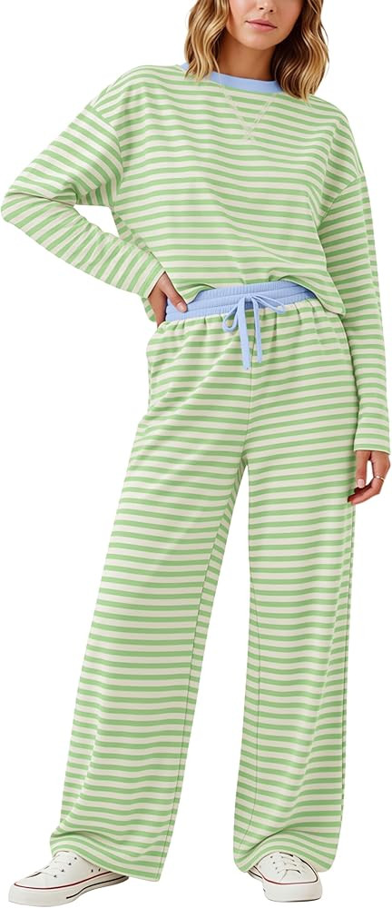 MISSACTIVER Womens Striped 2 Piece Lounge Sets Long Sleeve T Shirts Wide Leg Pants Drawstring Paj... | Amazon (US)