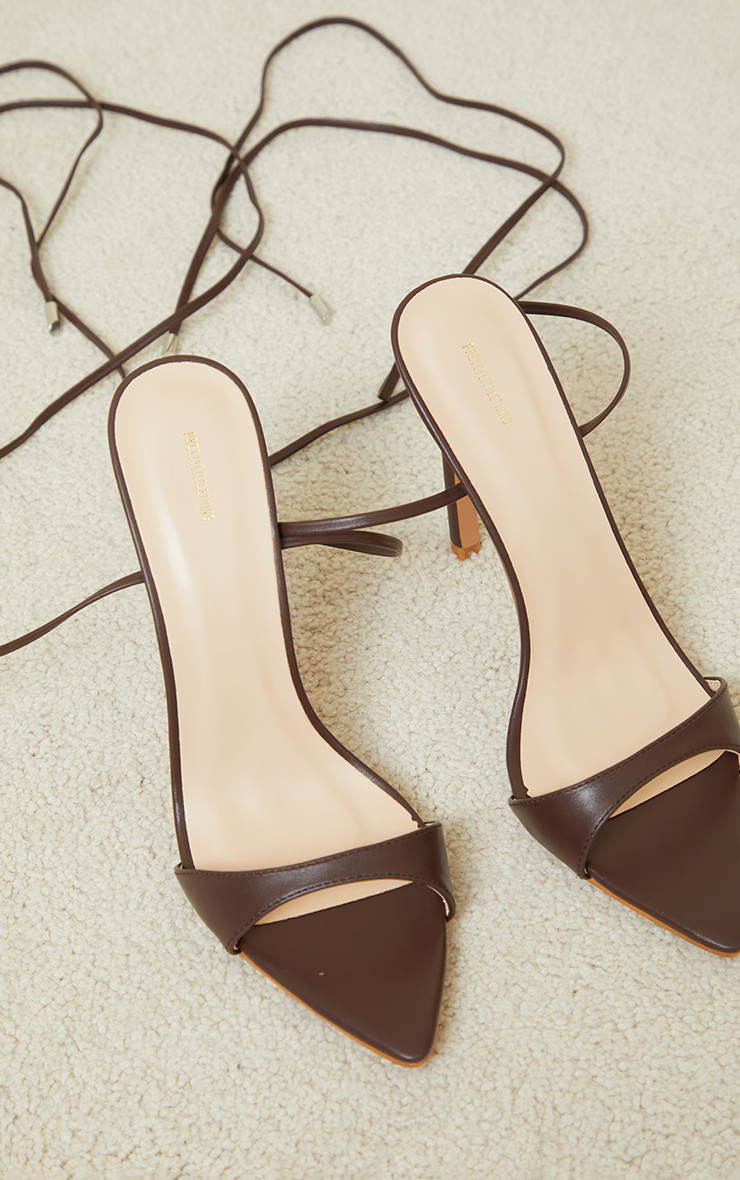 Chocolate PU Point Toe Lace Up High Heeled Sandals | PrettyLittleThing US