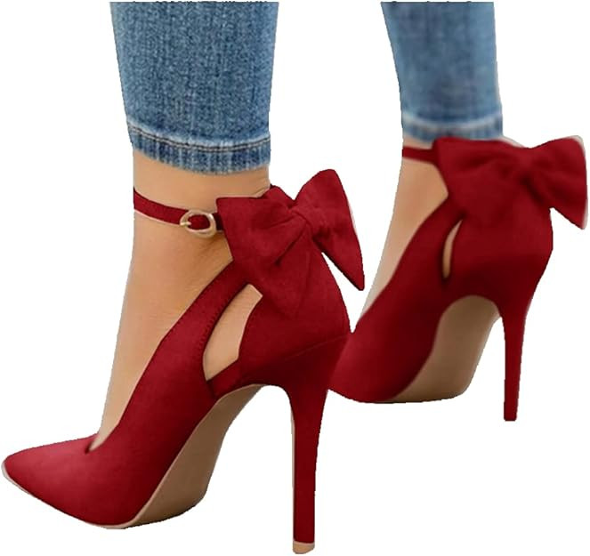 Fashare Womens High Heels Bow Tie Back Sexy Stiletto Ankle Strap Wedding Dress Pumps Shoes | Amazon (US)