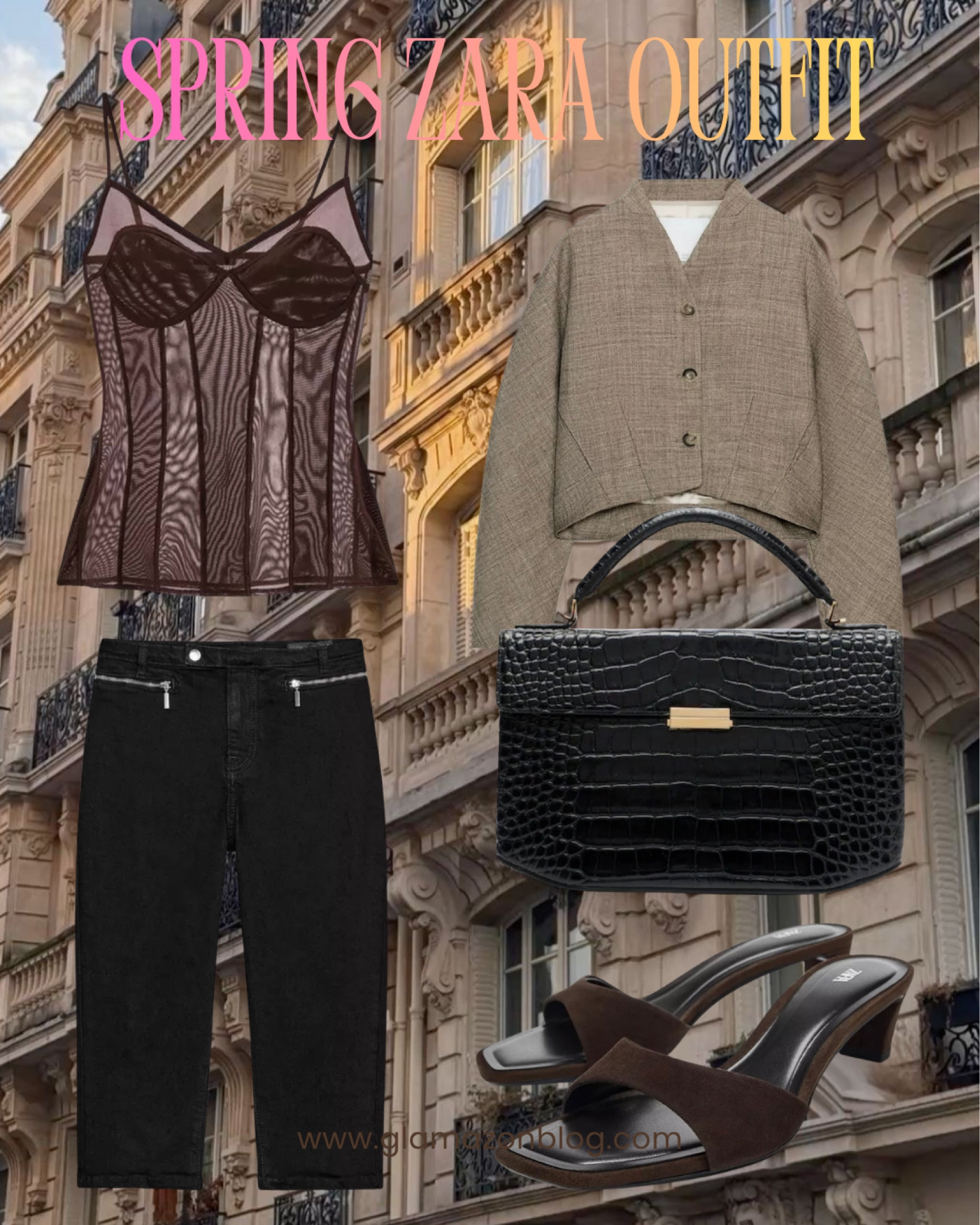 Zara outfit, cropped jacket, suede mules, Capri pants, corset, brown corset, croc bag 

#LTKsummer #LTKuk #LTKspring