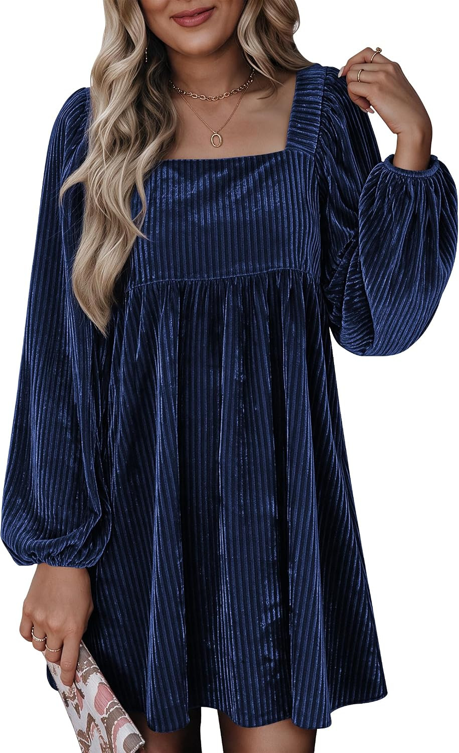 Aoang Women's Velvet Mini Dresses Square Neck Long Sleeve Babydoll Dress | Amazon (US)