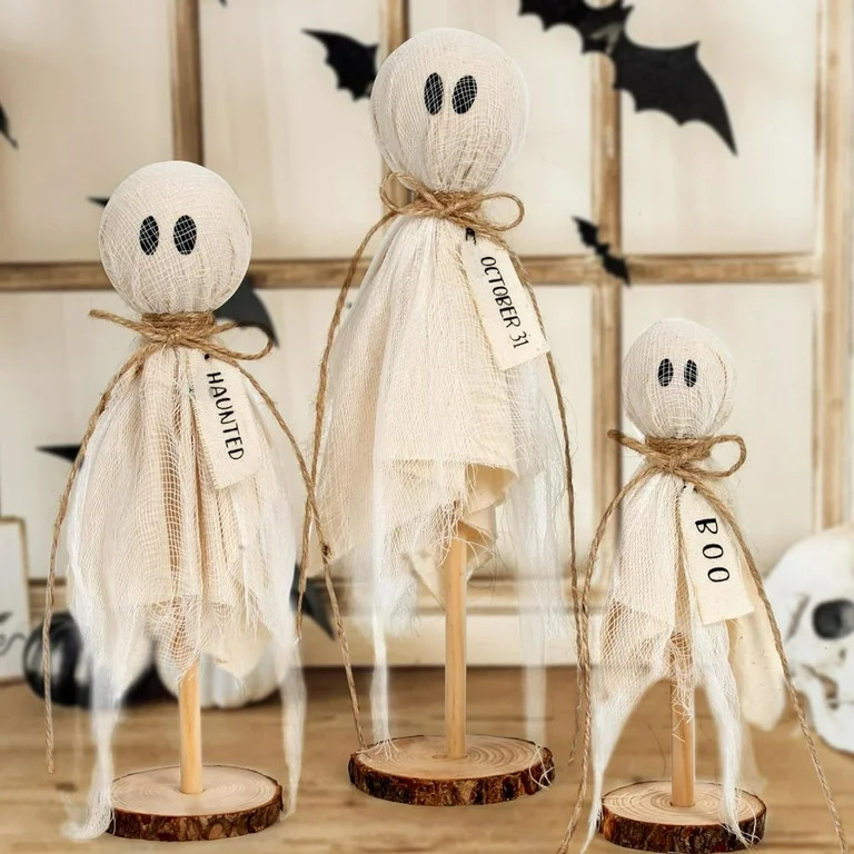 Halloween Tabletop Indoor Decoration Set of 3 Primitive Halloween Ghosts with Wood Stand Table Ce... | Walmart (US)