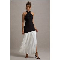 Khai | Black & White Halter-Neck Maxi Dress With Plisse Skirt | Club L London