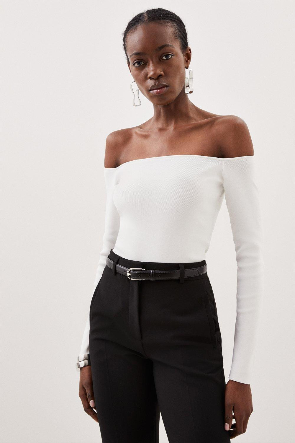 Body Contouring Off The Shoulder Knit Thong Bodysuit | Karen Millen US