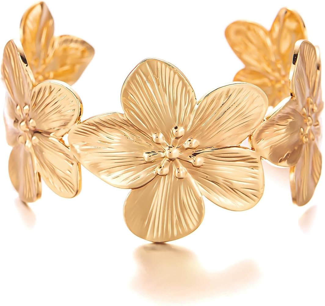 CJIAYUJEW Chunky Golden Flower Bracelet Vintage Gold Butterfly Bracelet Gold Declaration Flower O... | Amazon (US)