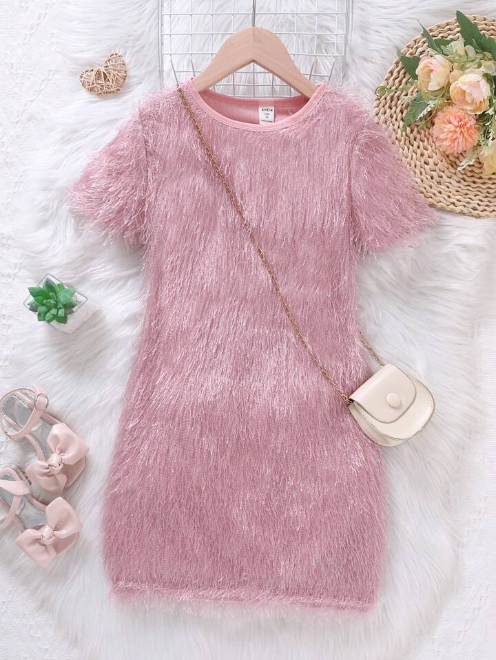 SHEIN Kids CHARMNG Girls Solid Fuzzy Dress | SHEIN