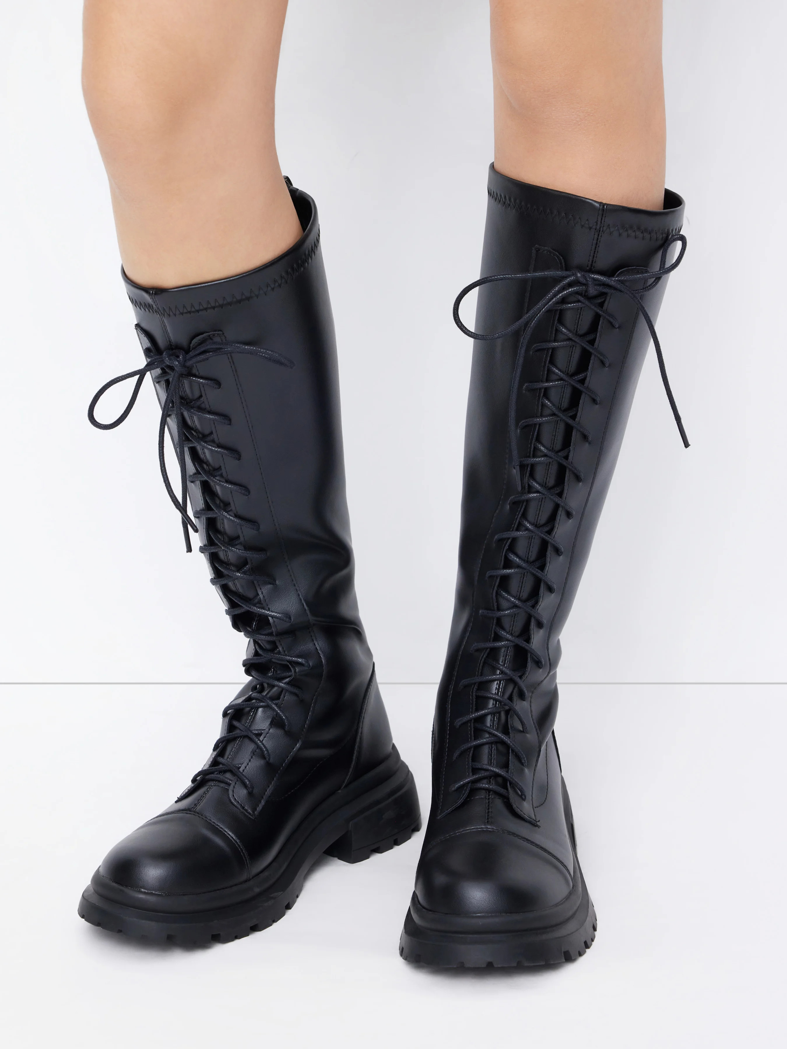 ROUND TOE LACE-UP CHUNKY HEEL KNEE HGH BOOTES For Work | Cider