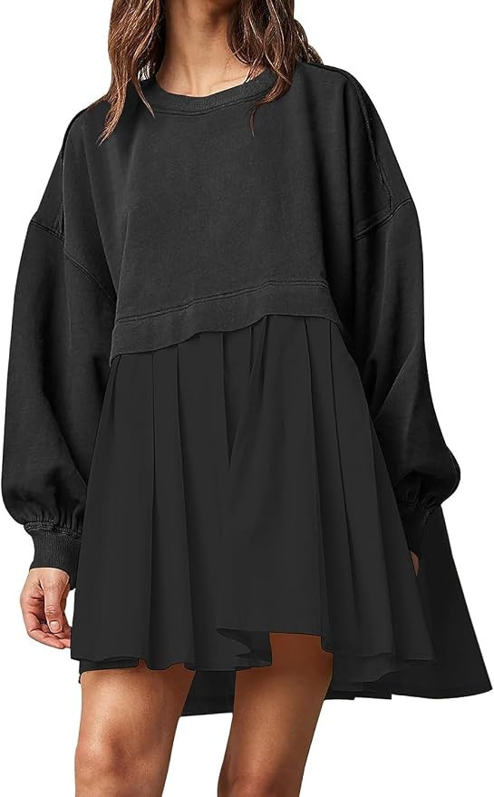 Meladyan Women Oversized Patchwork Mini Sweatshirt Dress Color Block Long Sleeve Crewneck Loose P... | Amazon (US)