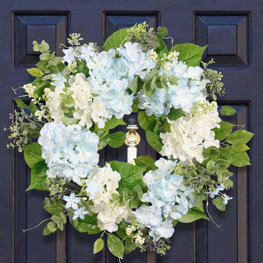 Spring Wreath Artificial Hydrangea Eucalyptus 20IN, Light Blue White Green, Spring Easter Summer ... | Amazon (US)