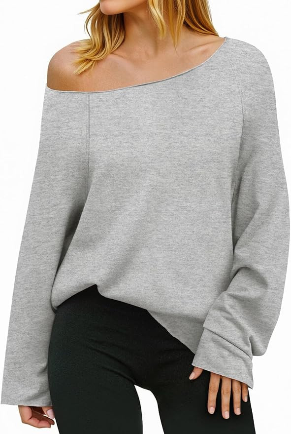 Fisoew Womens Off The Shoulder Tops Sweatshirts Lightweight Oversized Pullovers Long Sleeve Y2k L... | Amazon (US)