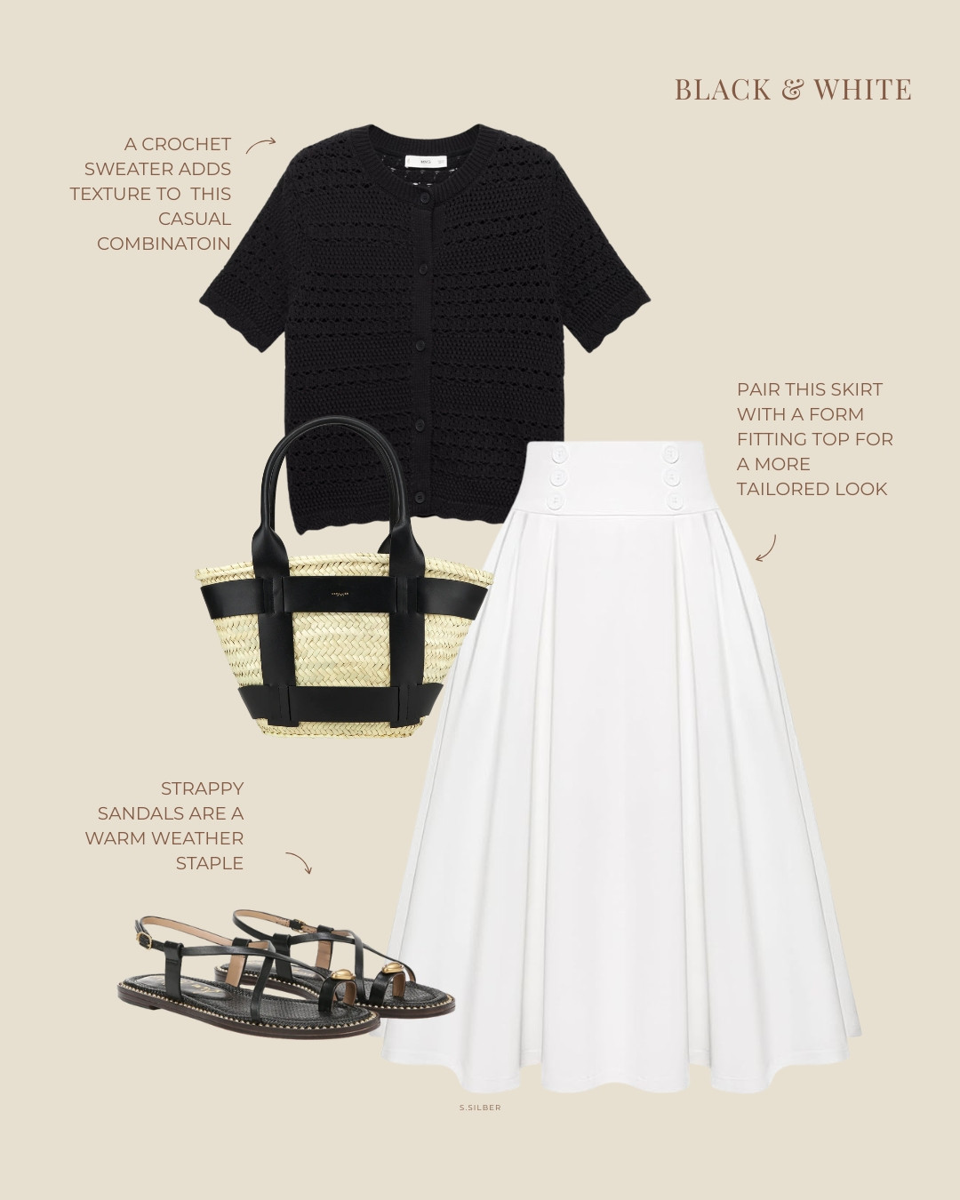 Black and white outfit idea 

black crochet sweater, white pleated midi skirt, elevated basics, casual, DeMellier bag, sandals, Nordstrom, H&M 

 

#LTKFindsUnder100 #LTKStyleTip #LTKSaleAlert