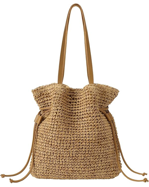 Beach Bag, Straw Beach Bags for Women, Floral Designed Beach Tote Lightweight Foldable Straw Bag | Amazon (US)