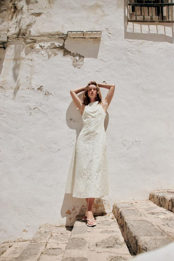 Zara - Midi Dress With Cutwork Embroidery - White - S - Woman | Zara UK