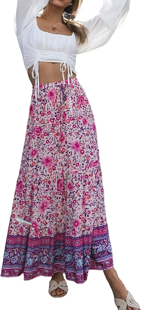 R.Vivimos Womens Summer Cotton Vintage Floral Print Boho Casual Ruffled Flowy Maxi Skirt | Amazon (US)