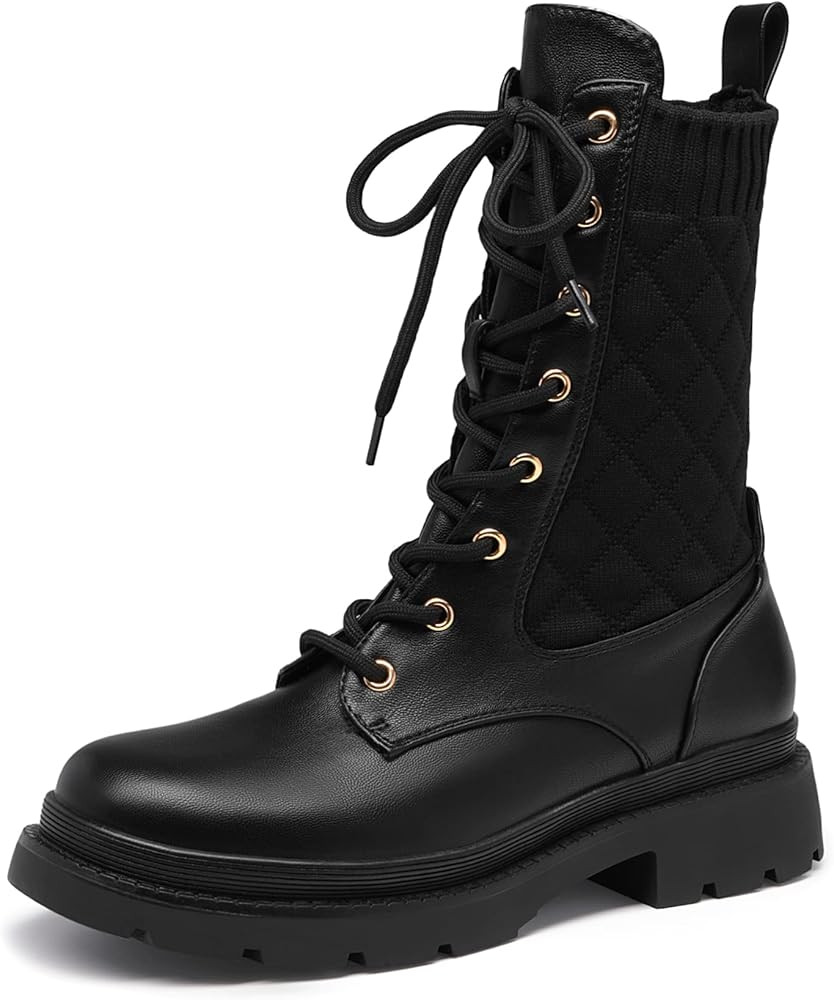 DREAM PAIRS Women's Combat Boots Lace Up Leather Ankle Booties Lug SolePlatform Mid Calf Boots | Amazon (US)