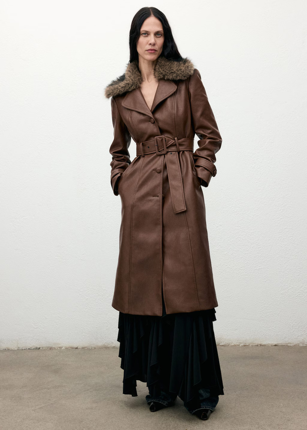 Faux-leather coat with fur collar medium brown - Woman - M - MANGO | Mango (US/MX/AU)