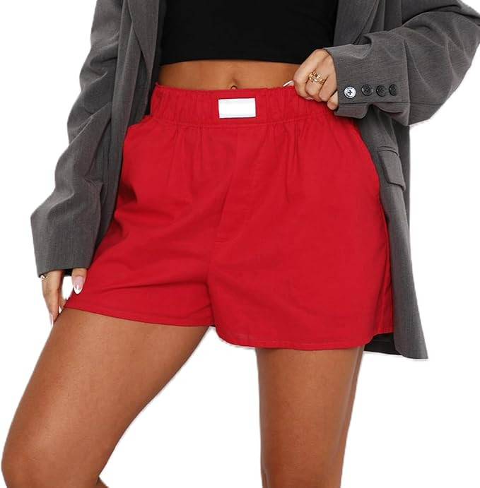 Women Solid Boxer Shorts Y2K Lounge Shorts Elastic Waist Cute Casual Pajama Bottom with Pockets | Amazon (US)