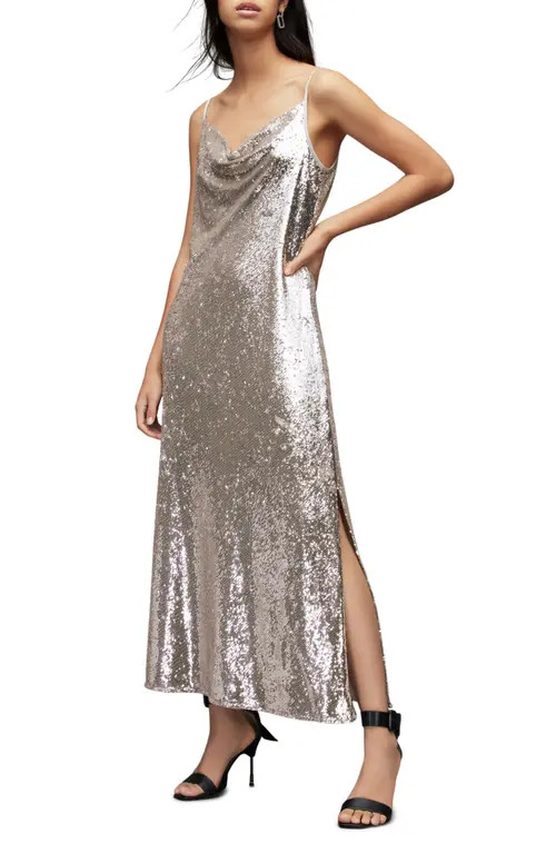 AllSaints Hadley Sequin Cowl Neck Dress in Light Gold at Nordstrom, Size 2 Us | Nordstrom