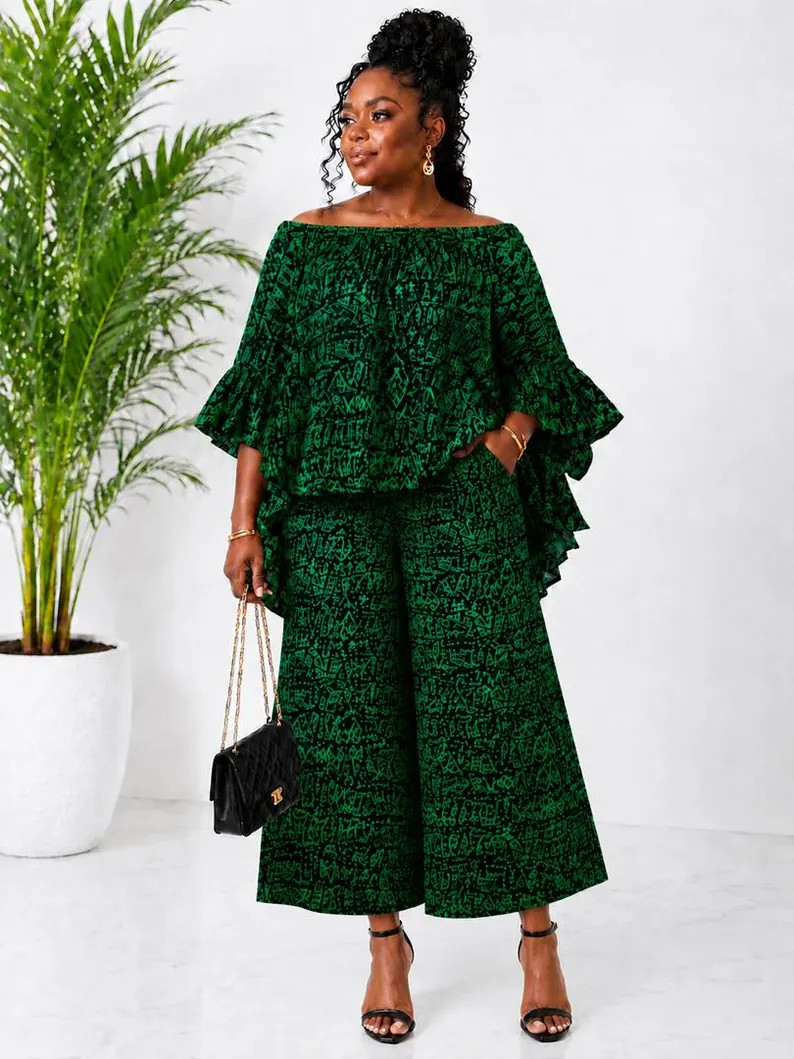 African Print Set \u2013 Green Geometric Ankara Top Wide-leg Pants | Plus Size Festival Outfit | ... | Etsy (Global)