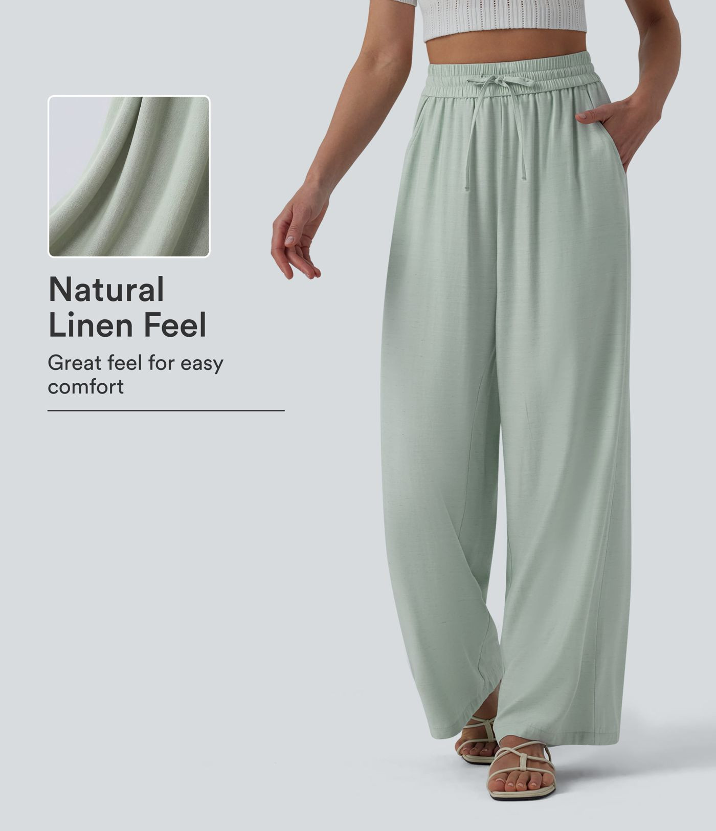 Women\u2019s High Waisted Drawstring Wide Leg Casual Linen-Blend Pants with Pockets - Halara | HALARA
