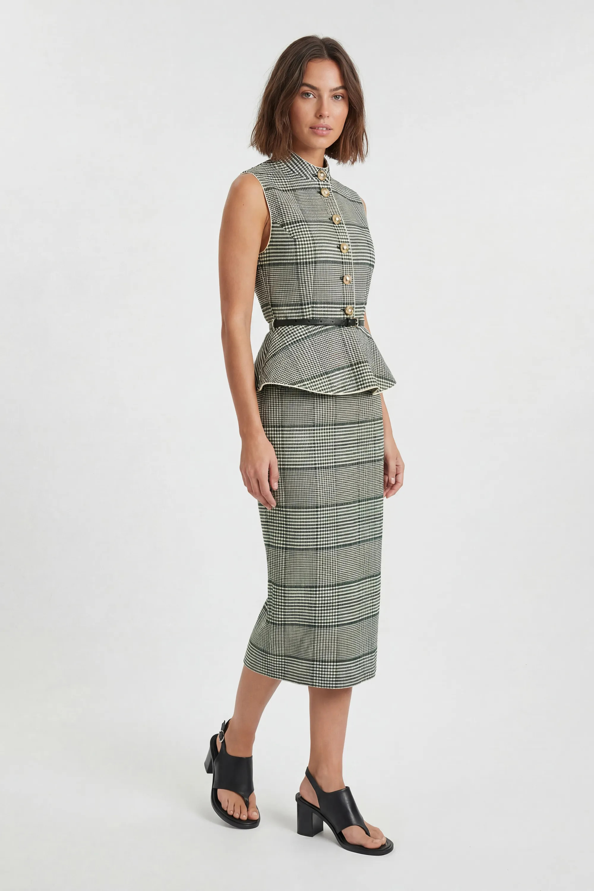 Mono Tailored Check Peplum Belted Midi Dress | Karen Millen USA | Karen Millen US