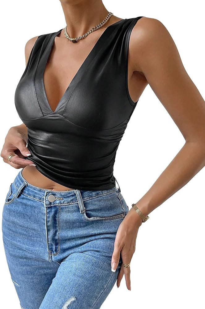 MakeMeChic Women's Faux Leather Sleeveless V Neck Ruched Camisole Crop Tank Top | Amazon (US)