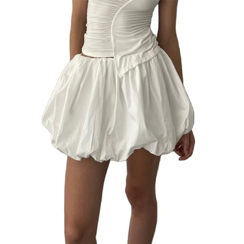 Women Y2k Bubble Mini Skirt Fairycore Vintage Elastic Waist Flare Puffy Short Skirt Cottage Cute Pleated Balloon Skirts A White | Amazon (US)