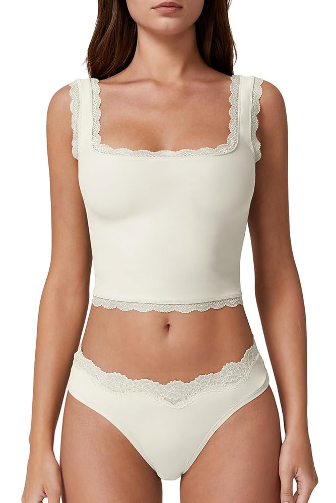 QINSEN Womens Square Neck Lace Trim Tank Tops Double Lined Slim Fit Summer Going Out Y2k T Shirts | Amazon (US)