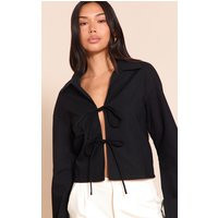 Linen Look Tie Front Structured Shirt | PrettyLittleThing UK