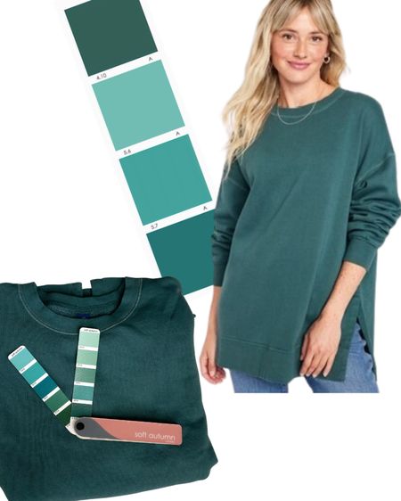 Pretty teal blue/green for Soft Autumns - in person, color is similar to/in between 4.10A and 5.8A on the color fan. On clearance $13!

I own this sweatshirt in multiple colors now 😀

#LTKstyletip #LTKfindsunder50 #LTKsalealert