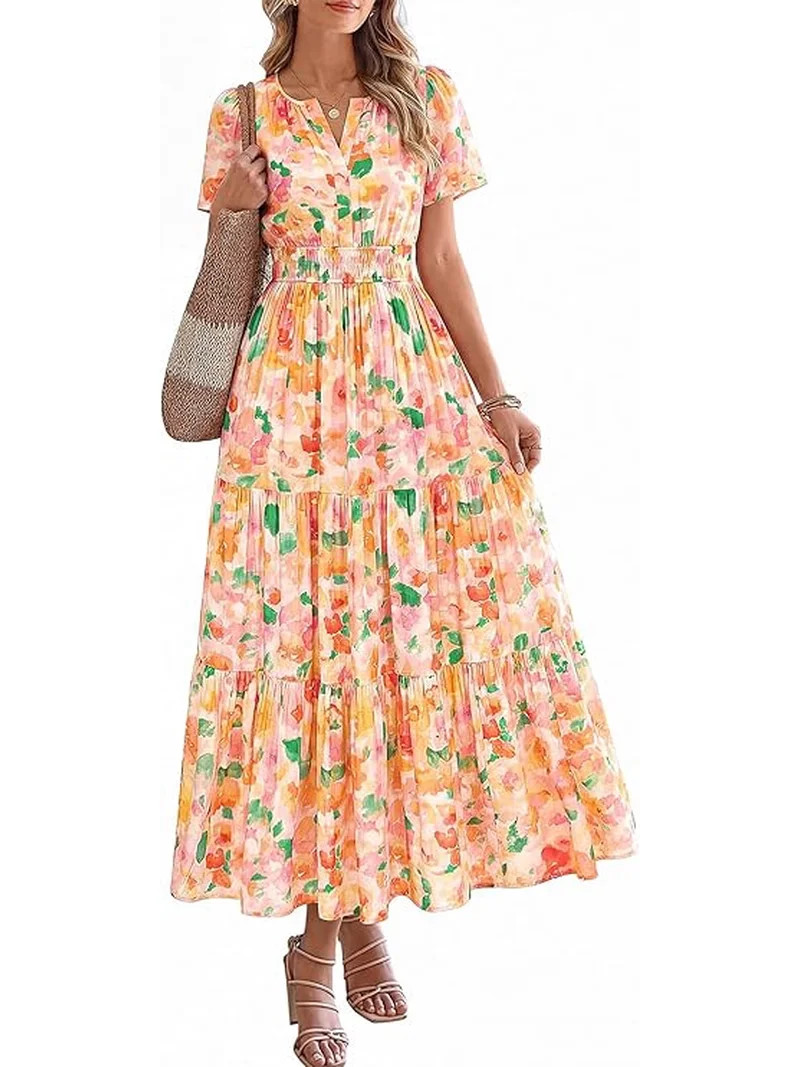 BTFBM Womens Summer Floral Maxi Dresses V Neck Short Sleeve Boho Casual Flowy Long Wedding Guest ... | Walmart (US)
