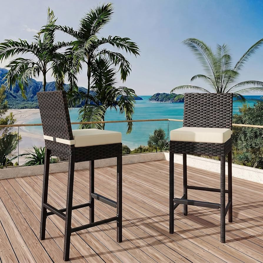 Outdoor Wicker Bar Stools Set of 2,Patio Rattan Barstools for Backyard | Amazon (US)