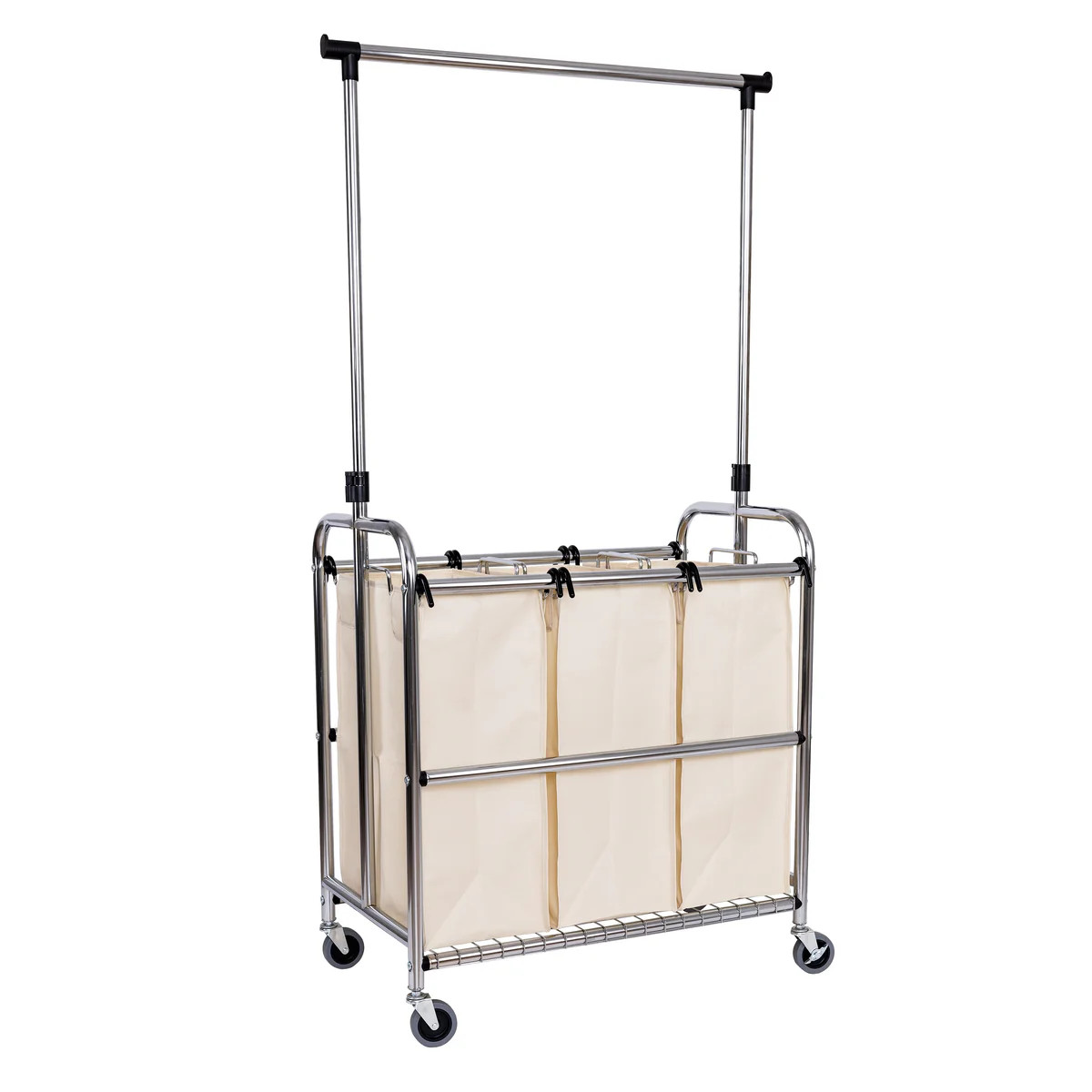 Rolling 3-Bag Steel Laundry Sorter w/ Hanging Bar | Seville Classics