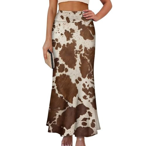 Qznuberone Women's Elastic High Waist Skirts A-Line Flared Maxi Lightweight Fall Skirt Bodycon Ruffle Hem Fishtail Fit Daily Travel Cow Print | Amazon (US)